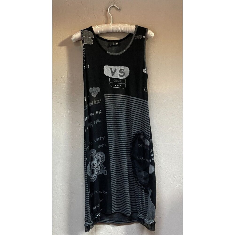 2026 Deux Mille Vingt Six Women Black Gray Striped Sleeveless Artsy Dress Size 3